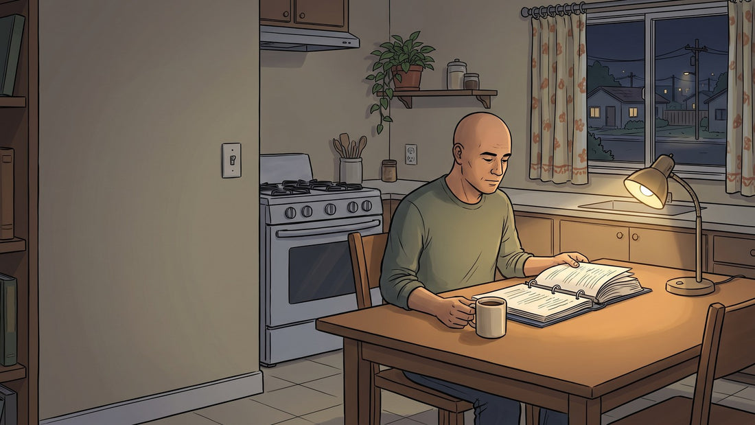 Consejero estudiando de noche en la mesa del comedor de su casa en México, con una carpeta de argollas abierta, un manual y una taza de café junto a la lámpara