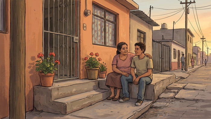 Madre y su hijo joven sentados en los escalones de la entrada de una casa sencilla en México al atardecer, platicando tranquilos, ella con la mano sobre el hombro de él