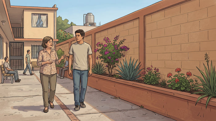Madre y su hijo joven caminando despacio por el patio de un centro de rehabilitación residencial en México, junto a un muro de block pintado y una jardinera, mientras ella le habla