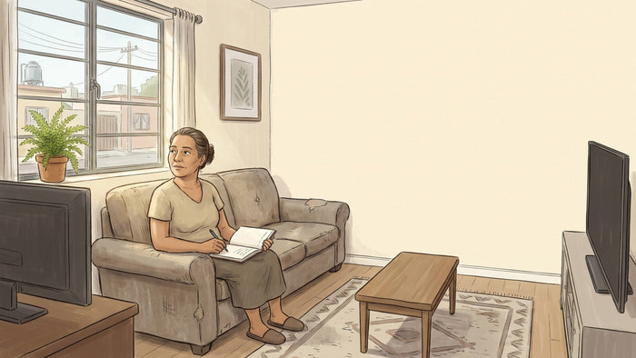 Mujer de mediana edad sentada sola en la sala de una casa sencilla en México por la tarde, con una libreta abierta sobre las piernas y una pluma en la mano, pensativa, junto a una ventana