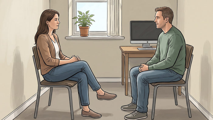 Consejera en adicciones y un paciente adulto conversando sentados en dos sillas, frente a frente, en un consultorio pequeño con una planta y una ventana