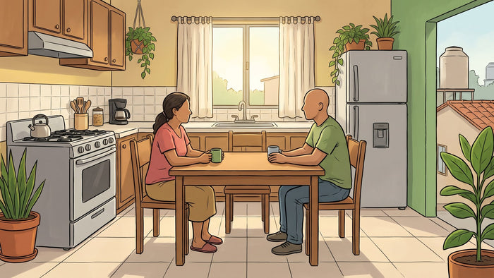 Madre y su hijo adulto sentados a la mesa de la cocina de una casa sencilla en México por la mañana, conversando con calma, con dos tazas sobre la mesa y luz de ventana