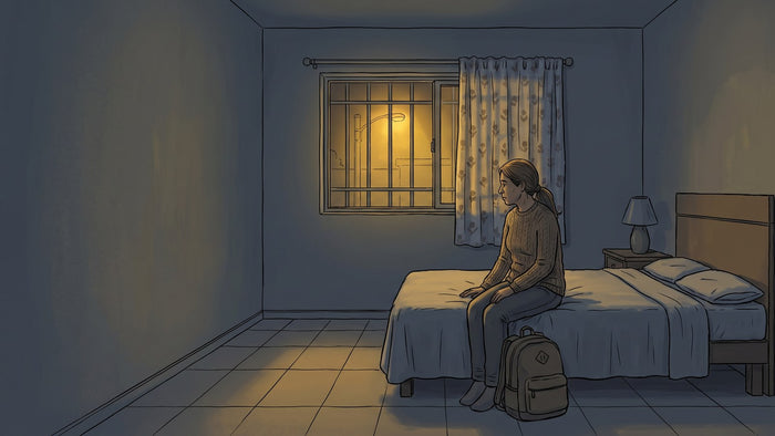 Madre sentada en la orilla de una cama tendida en un cuarto vacío de noche, con una mochila en el piso y la luz de la calle entrando por la ventana