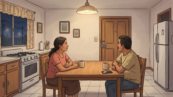 Madre y padre sentados de noche en la mesa de la cocina, con dos tazas de café y un celular boca abajo, mirando hacia la puerta de entrada cerrada