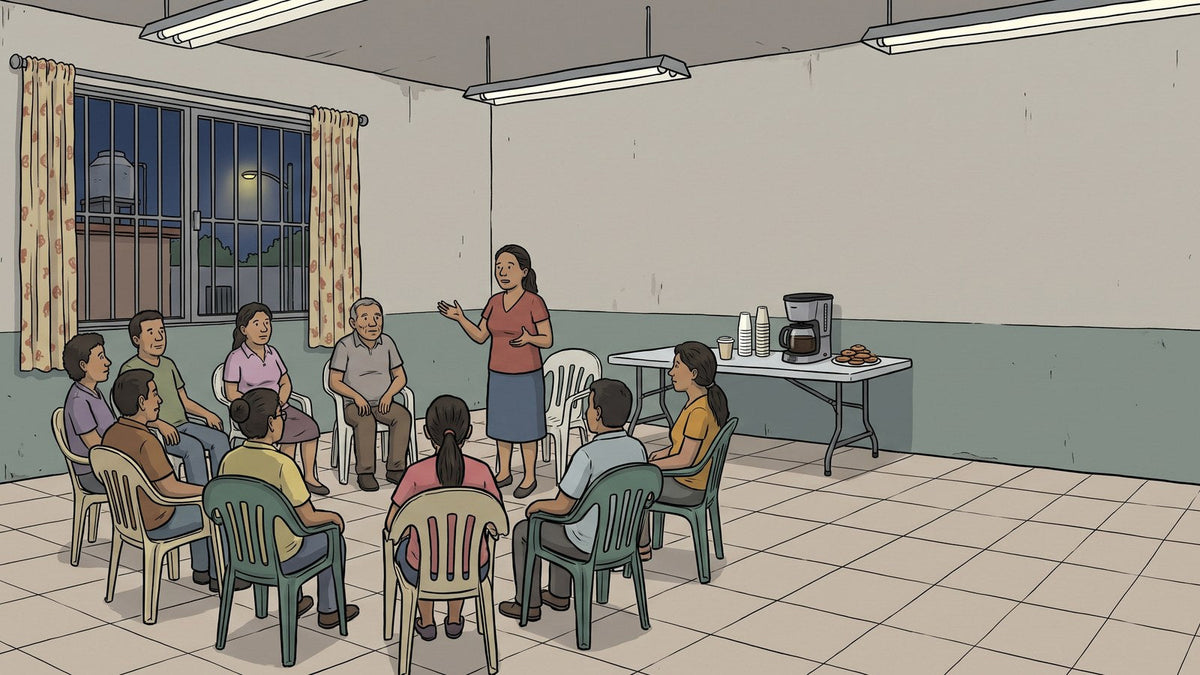 Círculo de sillas de plástico en un salón comunitario sencillo en México por la noche, con varias personas adultas sentadas escuchando a una mujer que habla, y una cafetera sobre una mesa al fondo