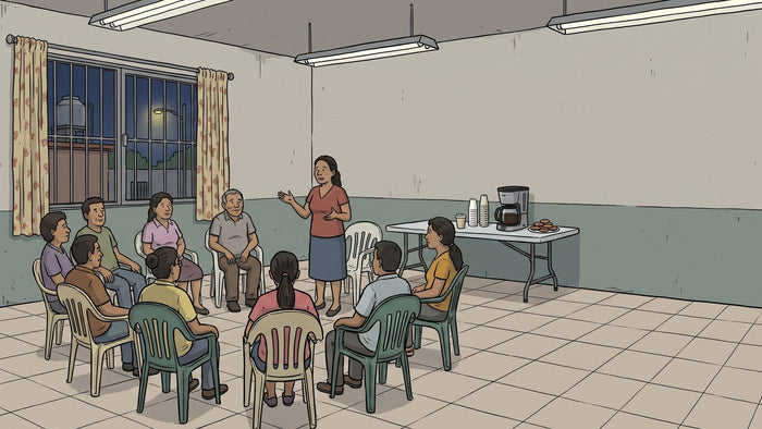 Círculo de sillas de plástico en un salón comunitario sencillo en México por la noche, con varias personas adultas sentadas escuchando a una mujer que habla, y una cafetera sobre una mesa al fondo