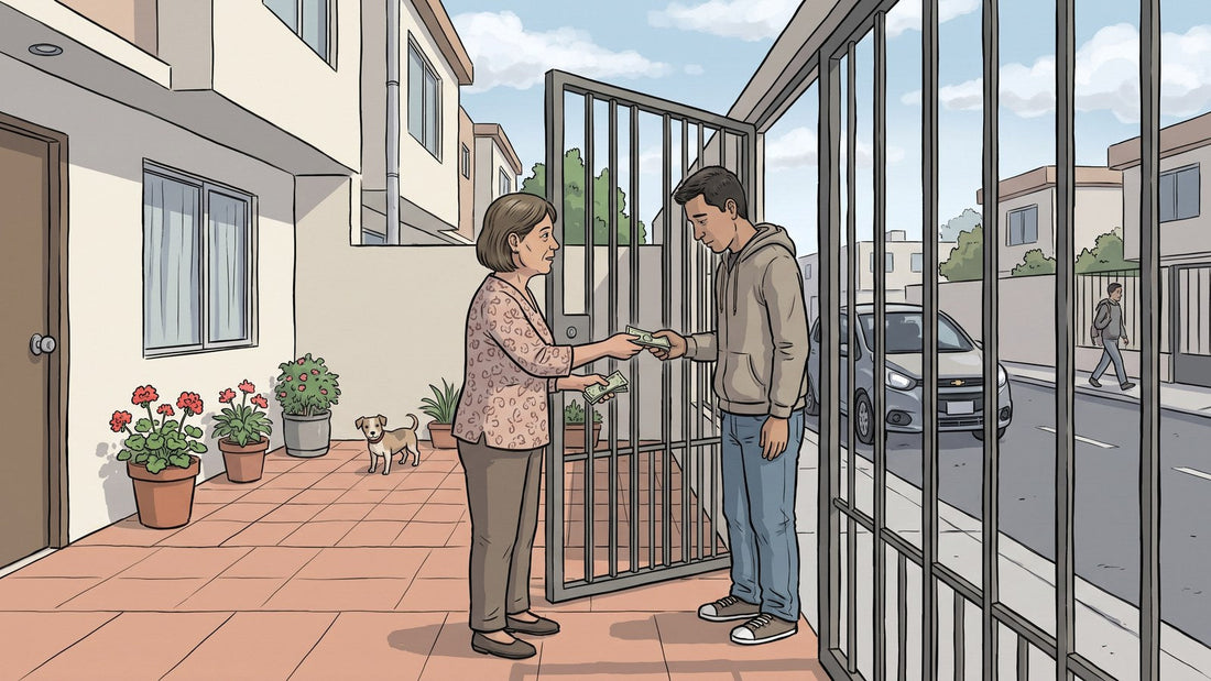 Madre mexicana entregando dinero en la puerta de su casa a un hijo con problemas de consumo de sustancias