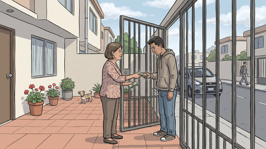 Madre mexicana entregando dinero en la puerta de su casa a un hijo con problemas de consumo de sustancias