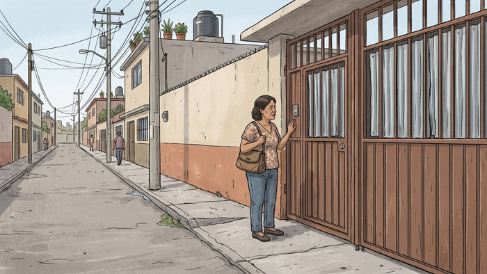 Madre de pie frente al portón de un anexo con rejas altas y ventanas tapadas, dudando antes de tocar, en una calle de colonia mexicana