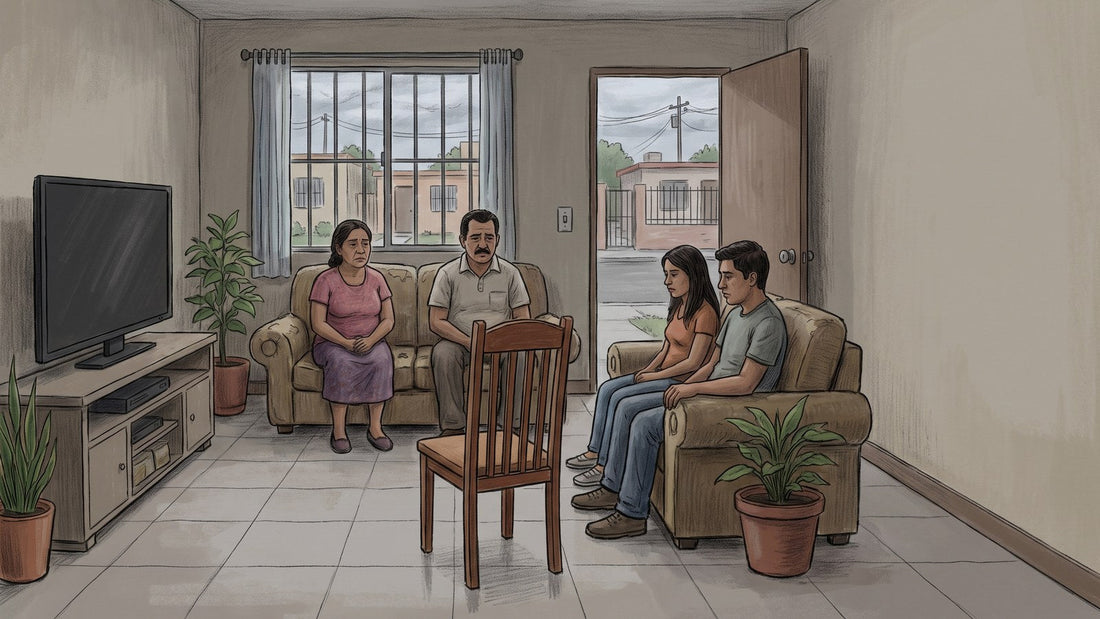 Familia mexicana sentada en la sala de su casa durante una crisis por consumo de sustancias, con una silla vacía