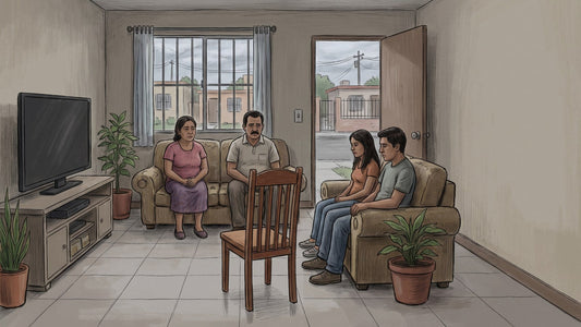 Familia mexicana sentada en la sala de su casa durante una crisis por consumo de sustancias, con una silla vacía