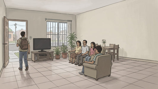 Familia reunida en la sala de una casa mientras uno de sus miembros se aleja, imagen de los cinco papeles que se reparten en una familia con adicción