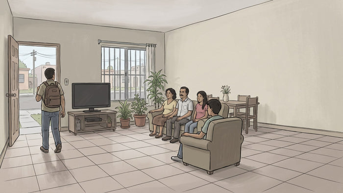 Familia reunida en la sala de una casa mientras uno de sus miembros se aleja, imagen de los cinco papeles que se reparten en una familia con adicción