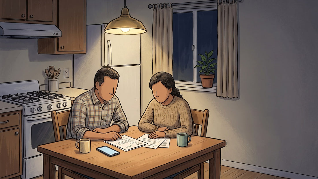 Madre y padre sentados a la mesa de la cocina de noche revisando papeles junto a un teléfono, tomando una decisión difícil sobre un familiar