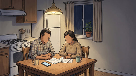 Madre y padre sentados a la mesa de la cocina de noche revisando papeles junto a un teléfono, tomando una decisión difícil sobre un familiar