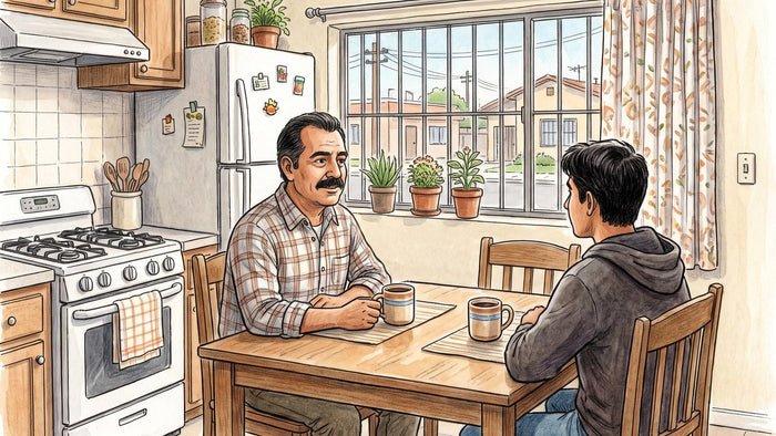 Padre mexicano sentado a la mesa de la cocina frente a su hijo adulto que mira hacia otro lado, con dos tazas de café entre ellos