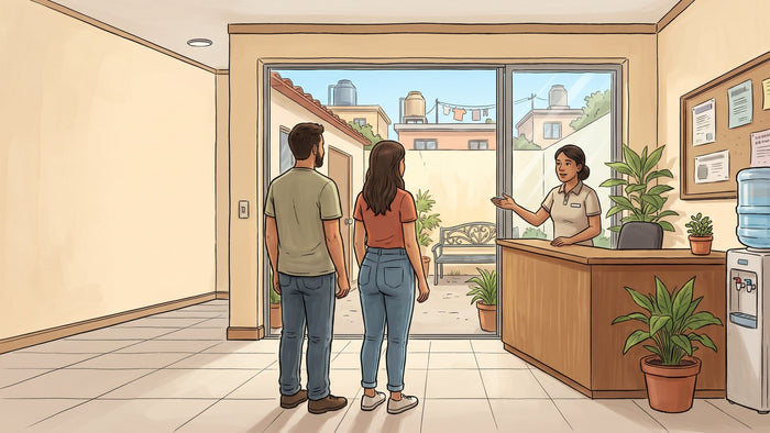 Pareja de padres llegando a la recepción de un centro de rehabilitación, conversando con una encargada que les señala el patio