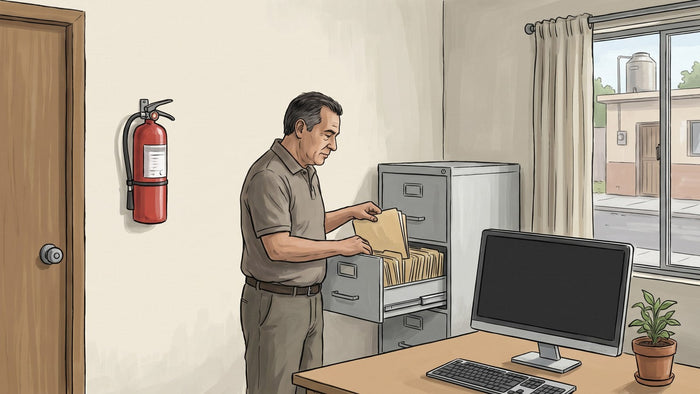 Encargado de un anexo ordenando carpetas de documentos en la oficina de la entrada, con un archivero metálico abierto y un extintor rojo colgado en la pared