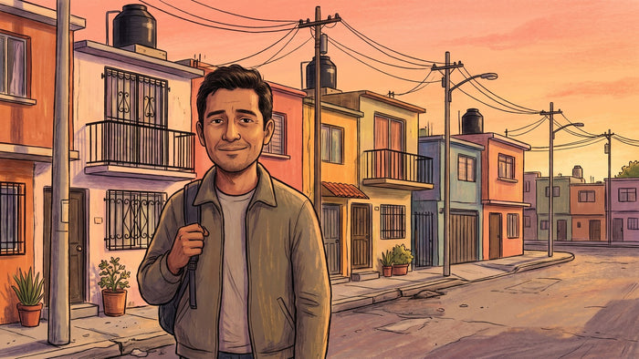 Consejero en adicciones caminando de regreso a casa al atardecer con la mochila al hombro, en una calle de colonia en México