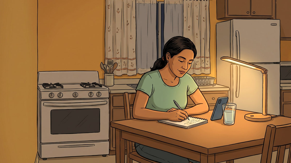 Consejera en adicciones estudiando de noche en la mesa de su cocina, escribiendo en un cuaderno, con un celular apoyado en un vaso y una lámpara encendida