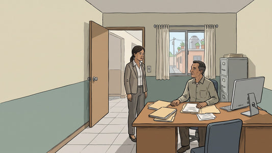 Oficina pequeña de un centro de rehabilitación en México con el director sentado a un lado del escritorio, carpetas de expedientes abiertas sobre la mesa y un consejero de pie junto a la puerta del pasillo