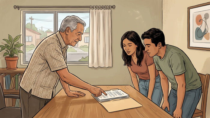 Consejero con experiencia orientando a dos consejeros más jóvenes en una sala de supervisión, señalando una carpeta abierta sobre la mesa