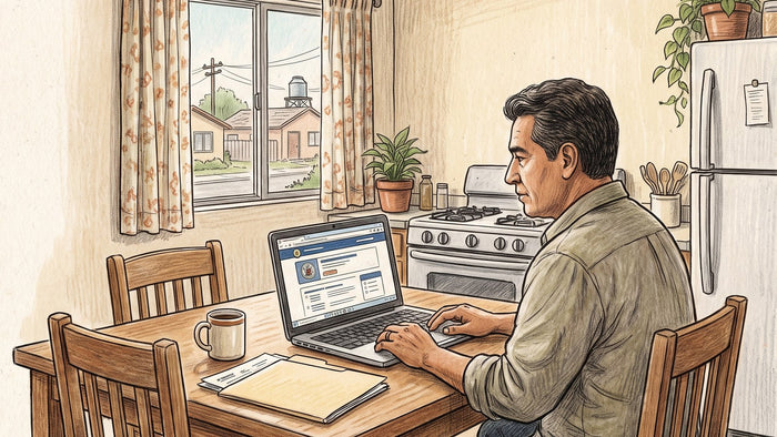 Consejero sentado a la mesa de su casa revisando en una laptop una página oficial, con una carpeta de documentos abierta y una taza de café a un lado