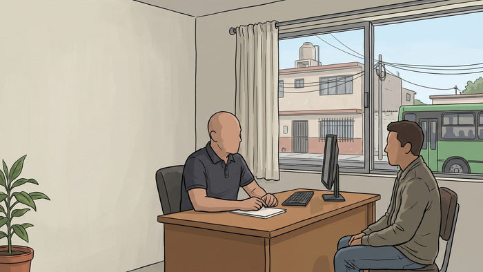 Consejero en adicciones realizando la evaluación inicial de un paciente en un centro de México