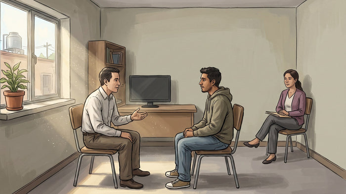 Consejero conversa con un paciente en un consultorio de un centro de rehabilitación en México mientras una evaluadora observa desde una silla al fondo