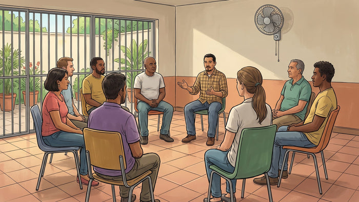 Grupo de ocho pacientes sentados en círculo en un salón de un centro de rehabilitación, uno habla mientras los demás escuchan, con el facilitador sentado entre ellos