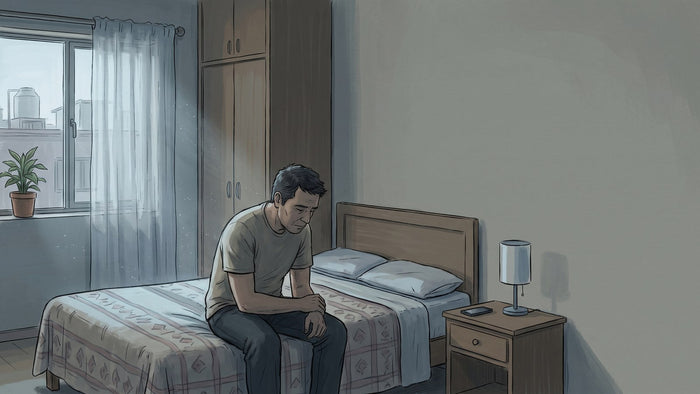 Hombre de unos cuarenta años sentado solo en la orilla de su cama al amanecer, con los codos en las rodillas, en una recámara modesta de una casa mexicana con luz entrando por la cortina