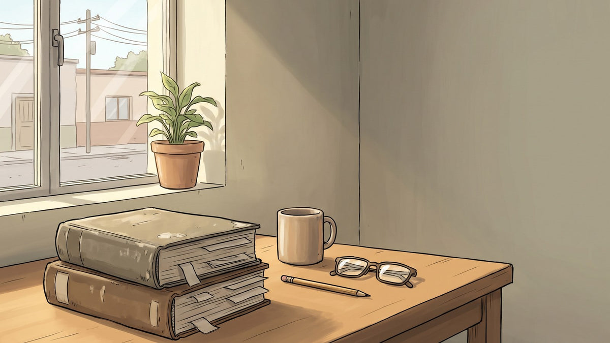 Dos libros gruesos y gastados, llenos de separadores de papel, apilados sobre un escritorio de madera junto a una taza, un lápiz y unos lentes, con luz de mañana por la ventana