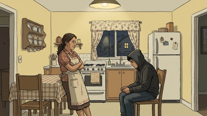 Madre e hijo adolescente en la cocina de su casa por la noche; ella de pie junto a la mesa, él sentado con la capucha puesta mirando hacia abajo