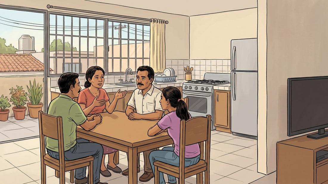 Familia en la mesa de su casa hablando de los límites que puso a un familiar con adicción en México