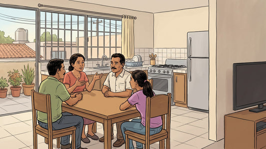 Familia en la mesa de su casa hablando de los límites que puso a un familiar con adicción en México