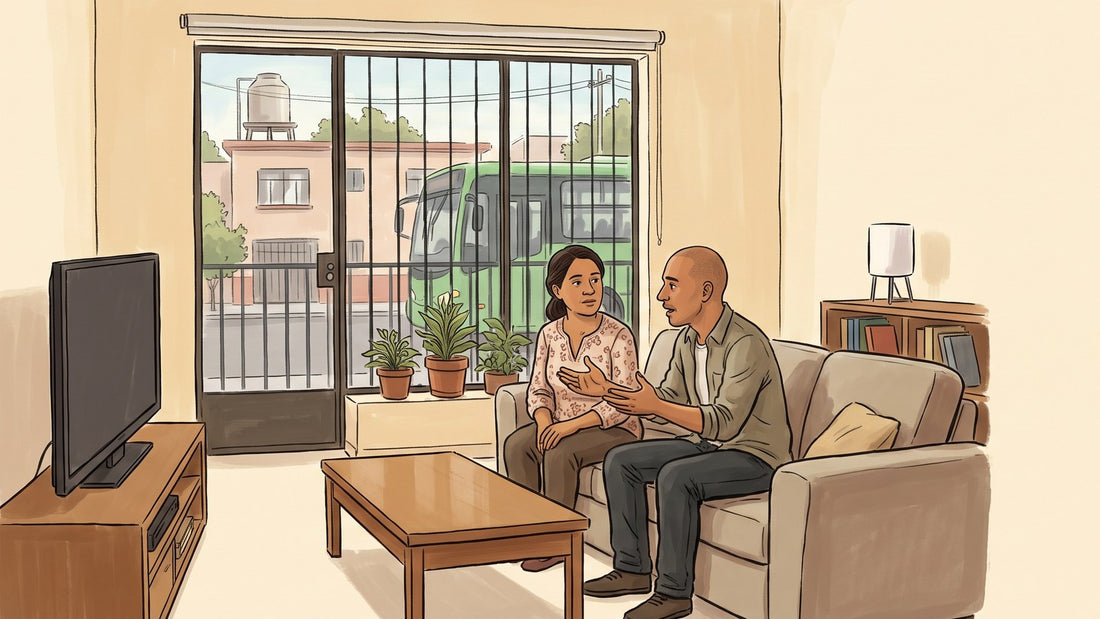 Familiar escuchando a una persona con adicción que miente para proteger su consumo, en una casa en México