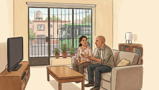 Familiar escuchando a una persona con adicción que miente para proteger su consumo, en una casa en México