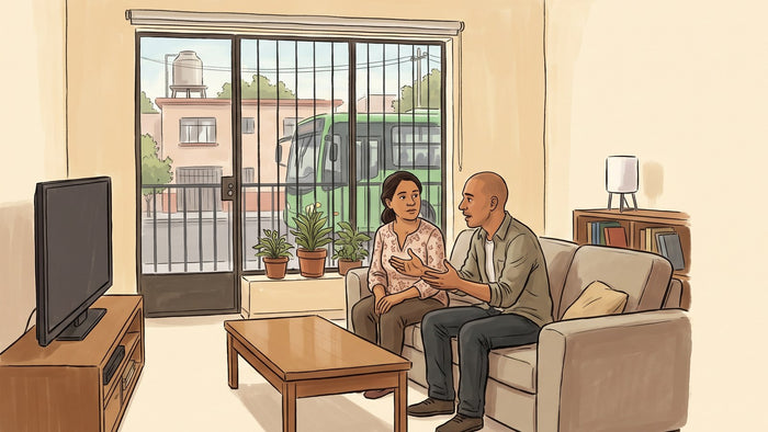 Familiar escuchando a una persona con adicción que miente para proteger su consumo, en una casa en México