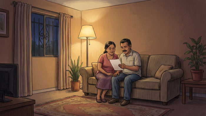 Padre y madre de mediana edad sentados en un sillón de una sala sencilla en México por la noche, mirando juntos una hoja de papel bajo la luz de una lámpara