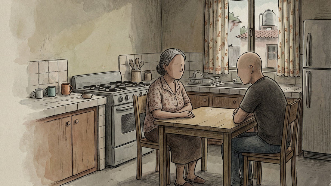 Madre y su hijo adulto sentados en la cocina de una casa en México, en medio de una conversación difícil sobre el consumo