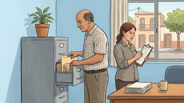 Director de un centro de rehabilitación en México acomodando carpetas de expedientes en un archivero metálico, con una consejera a su lado revisando una lista en una tabla