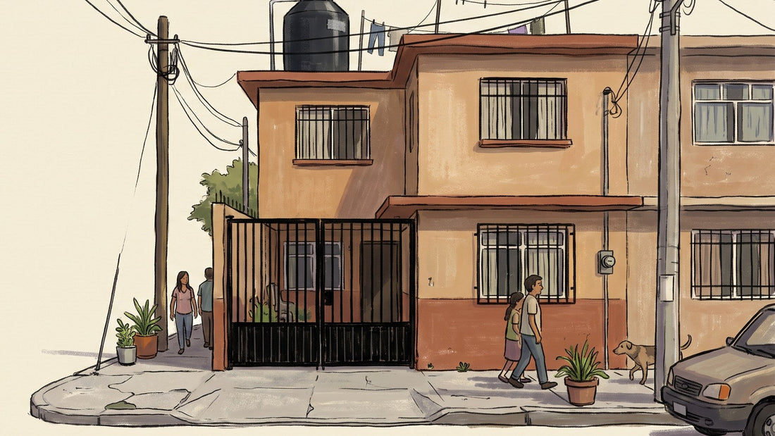 Fachada de una casa de dos pisos adaptada como anexo en una colonia mexicana, con portón negro, ventanas con herrería y un tinaco en la azotea, de día