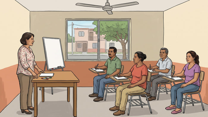 Grupo pequeño de adultos en un salón de capacitación sencillo escuchando a una instructora de pie junto a una mesa, con cuadernos abiertos sobre los pupitres