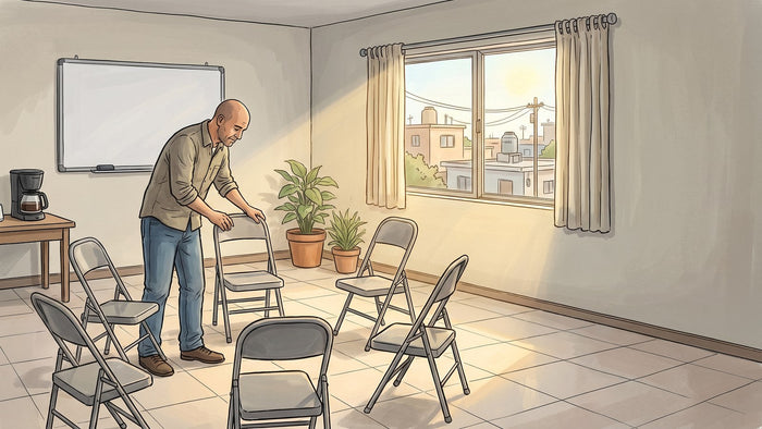 Consejero acomodando sillas en círculo en el salón de grupo de un centro de rehabilitación antes de la sesión, con luz de mañana entrando por las ventanas