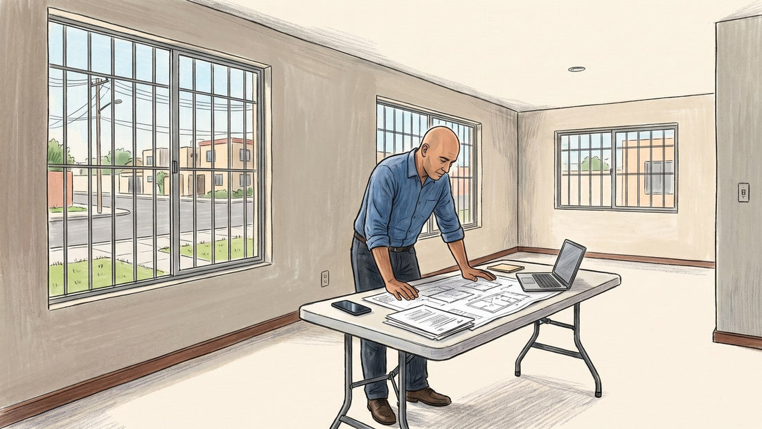 Hombre de pie en una sala amplia y vacía de una casa con ventanas grandes, revisando planos y documentos sobre una mesa plegable