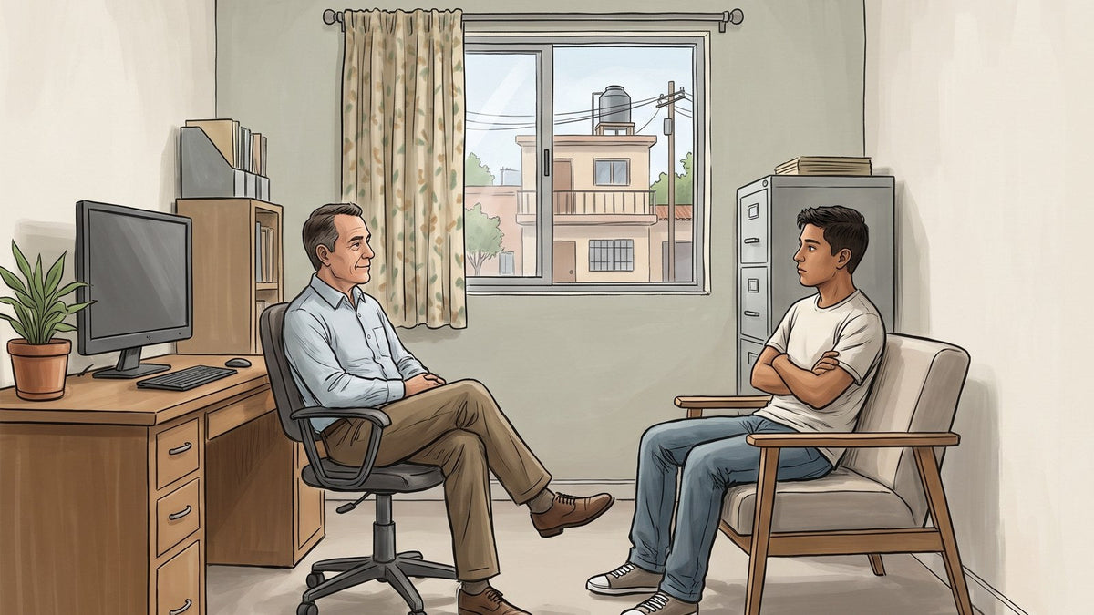 Consejero sentado frente a un joven que tiene los brazos cruzados y mira hacia la ventana, en un consultorio sencillo de un centro de rehabilitación en México; el consejero escucha tranquilo, recargado en su silla