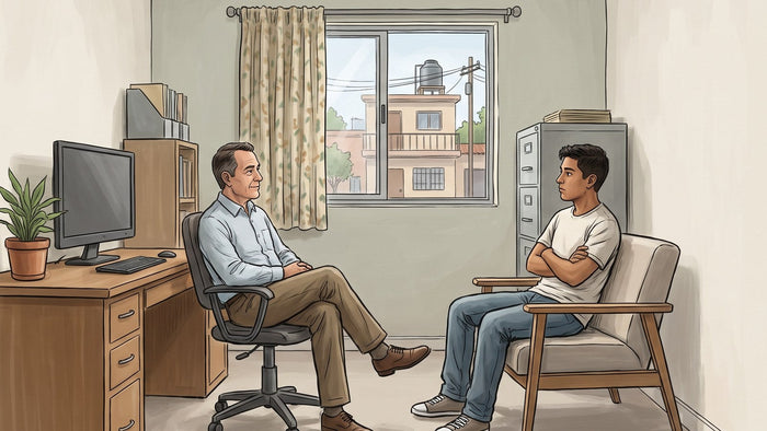 Consejero sentado frente a un joven que tiene los brazos cruzados y mira hacia la ventana, en un consultorio sencillo de un centro de rehabilitación en México; el consejero escucha tranquilo, recargado en su silla