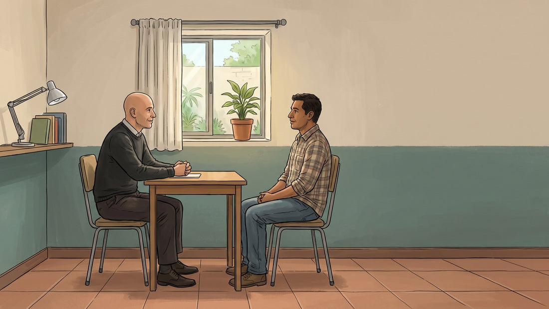 Consejero en adicciones sentado frente a un paciente en un consultorio sencillo de un centro de rehabilitación en México, conversando con calma, con una mesa pequeña y dos sillas