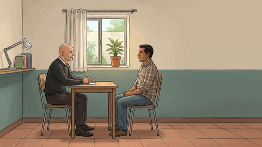 Consejero en adicciones sentado frente a un paciente en un consultorio sencillo de un centro de rehabilitación en México, conversando con calma, con una mesa pequeña y dos sillas